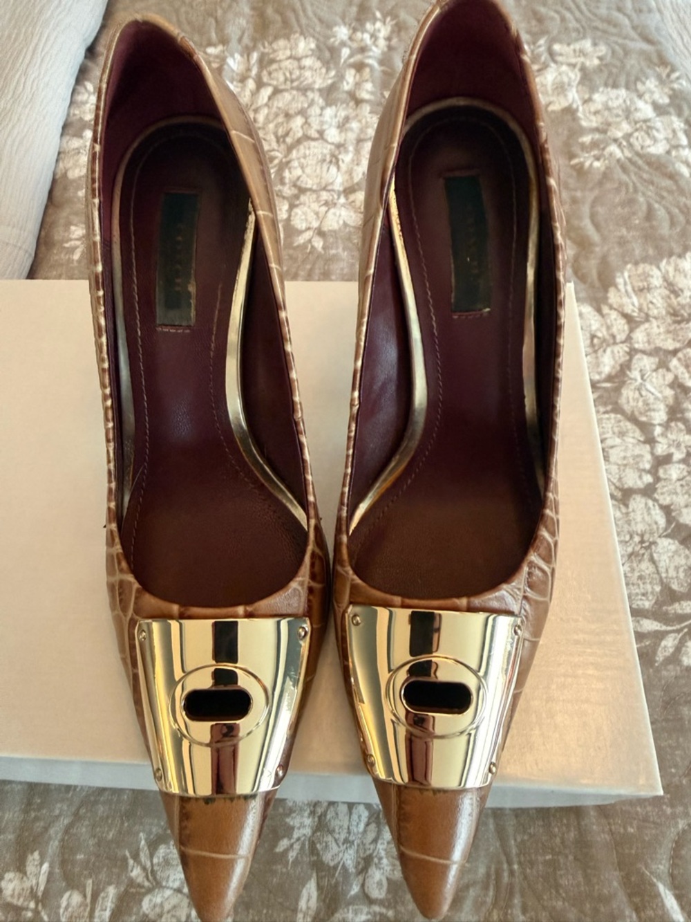 Coach Brown Croc-Embossed Pointed Toe Pumps with Gold Plate - Picture 8 of 12